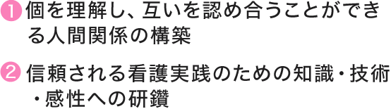 １個を理解し、互いを認め合うことができる人間関係の構築。２信頼される看護実践のための知識・技術・感性への研鑽